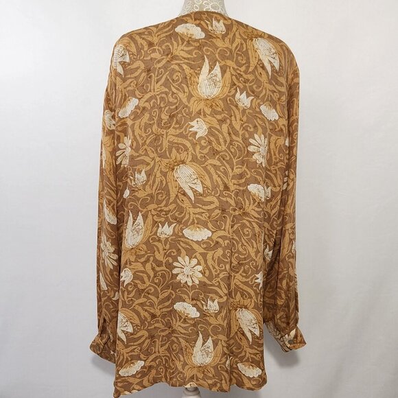 Real Clothes Sax 5th Ave Women's Size Large Mustard Floral Silk Button Up Top - Picture 11 of 15